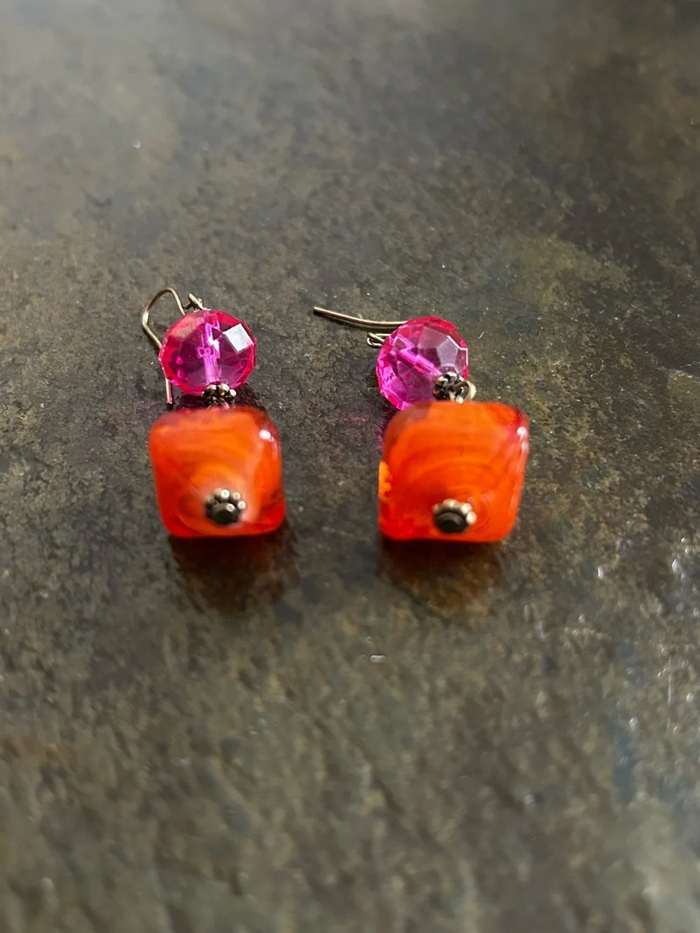 Vibrant Orange & Pink Glass Bead Drop Earrings
